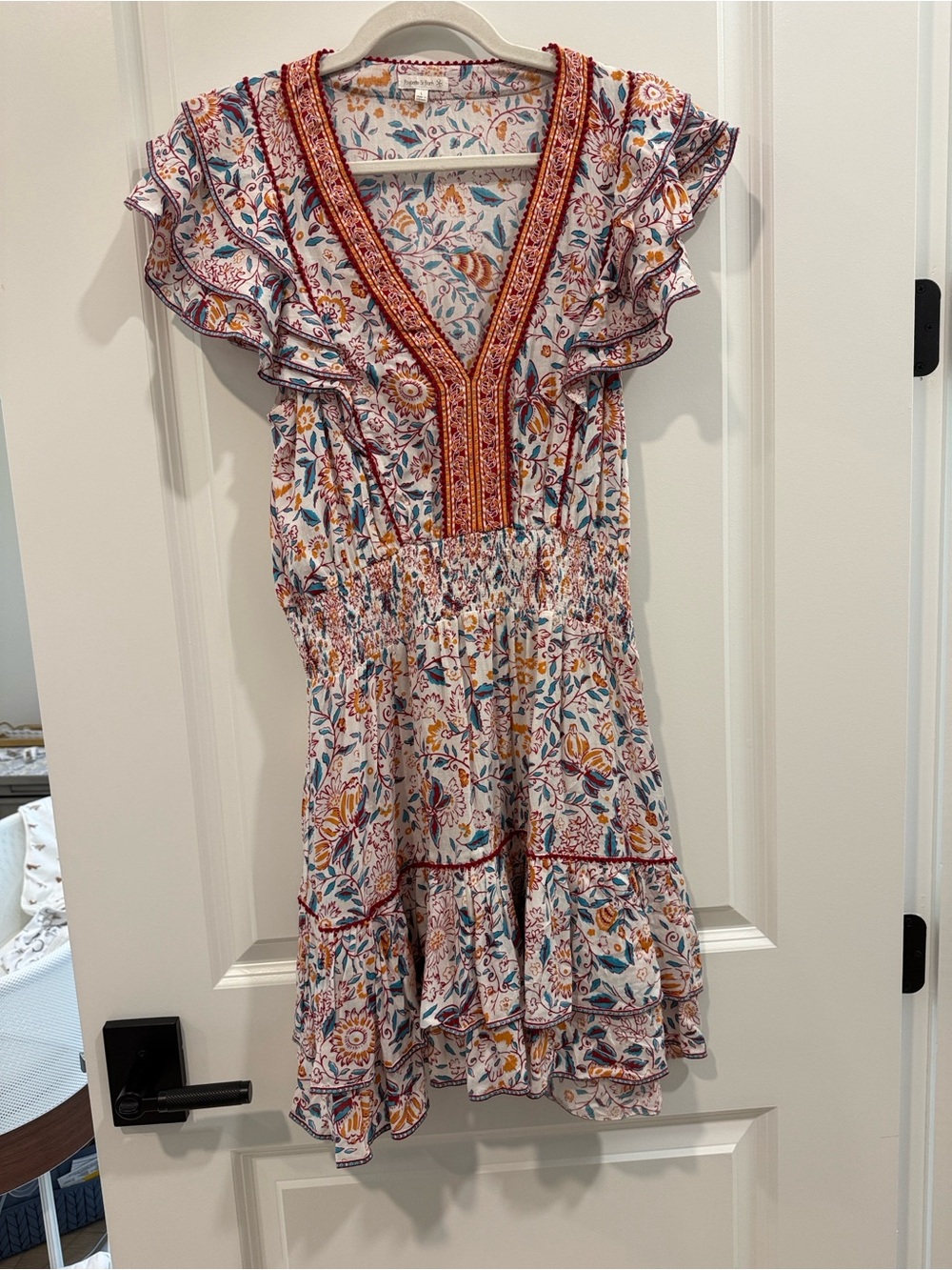 Poupette St. Barth Cream Floral V-Neck Ruffle Mini Dress with Red Trim - large
